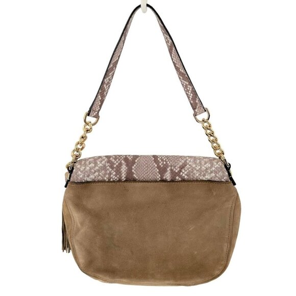 MICHAEL KORS Bedford Dark Sand Suede & Python Embossed Leather Shoulder Bag - Picture 7 of 9
